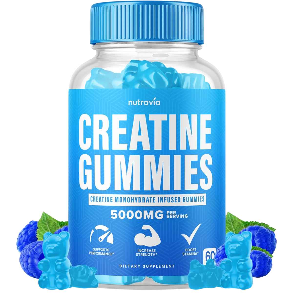 Nutravía Monohidrato de Creatina 5000 mg - Sabor Frambuesas Azules - 60 Gomitas - Puro Estado Físico