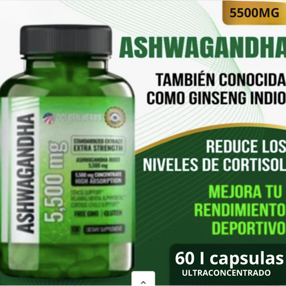 ASHWAGANDHA AMERICANO | ALTA CONCENTRACIÓN | 5500 mg | 60 Cápsulas - NUEVA FÓRMULA (2 AL DÍA).🎯 Controla el Estrés y Duerme Mejor. LLEVE 4 Y TE REGALAMOS 1