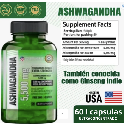 ASHWAGANDHA AMERICANO | ALTA CONCENTRACIÓN | 5500 mg | 60 Cápsulas - NUEVA FÓRMULA (2 AL DÍA).🎯 Controla el Estrés y Duerme Mejor. LLEVE 4 Y TE REGALAMOS 1