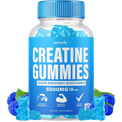 Nutravía Monohidrato de Creatina 5000 mg - Sabor Frambuesas Azules - 60 Gomitas - Puro Estado Físico