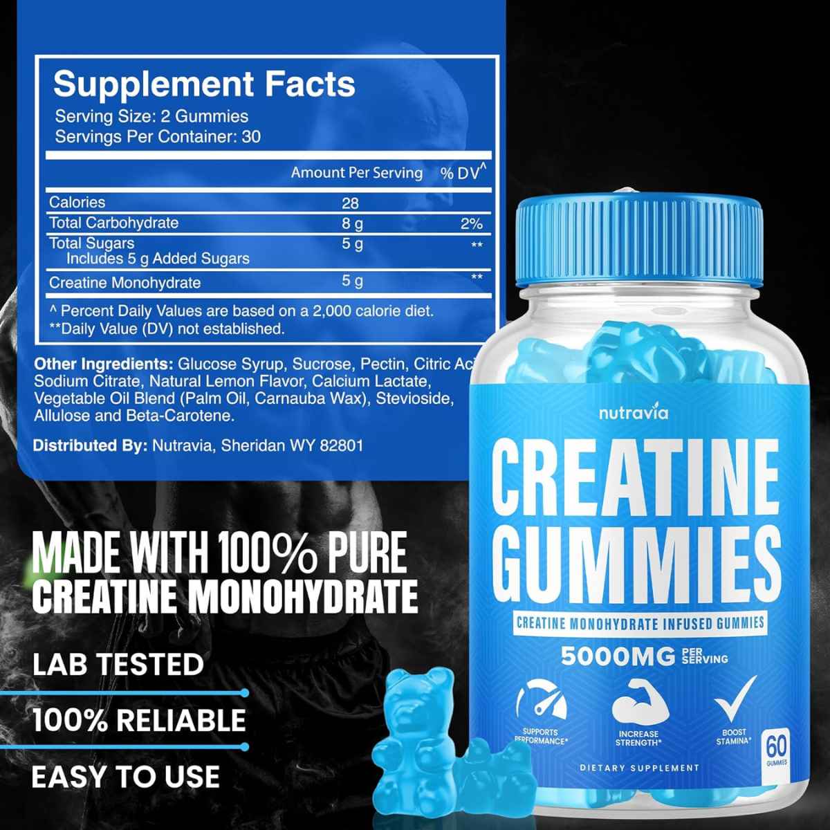 Nutravía Monohidrato de Creatina 5000 mg - Sabor Frambuesas Azules - 60 Gomitas - Tabla Nutricional - Puro Estado Físico