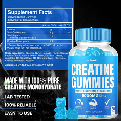 Nutravía Monohidrato de Creatina 5000 mg - Sabor Frambuesas Azules - 60 Gomitas - Tabla Nutricional - Puro Estado Físico