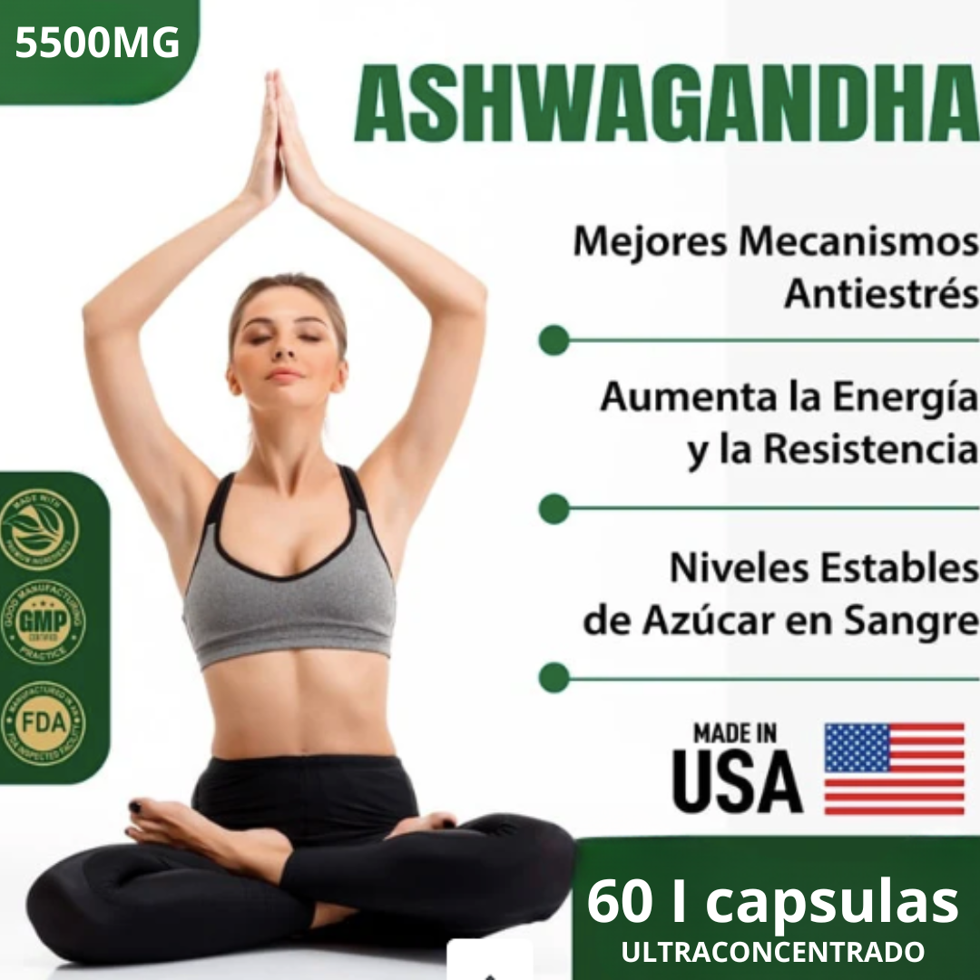 ASHWAGANDHA AMERICANO | ALTA CONCENTRACIÓN | 5500 mg | 60 Cápsulas - NUEVA FÓRMULA (2 AL DÍA).🎯 Controla el Estrés y Duerme Mejor. LLEVE 4 Y TE REGALAMOS 1